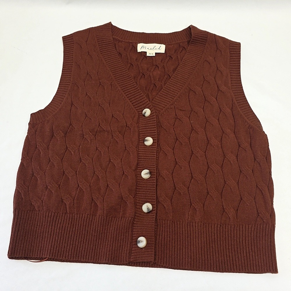 Marled Sweater Vest Women XS Brown Cable Knit V-Neck Button Up Preppy Academic